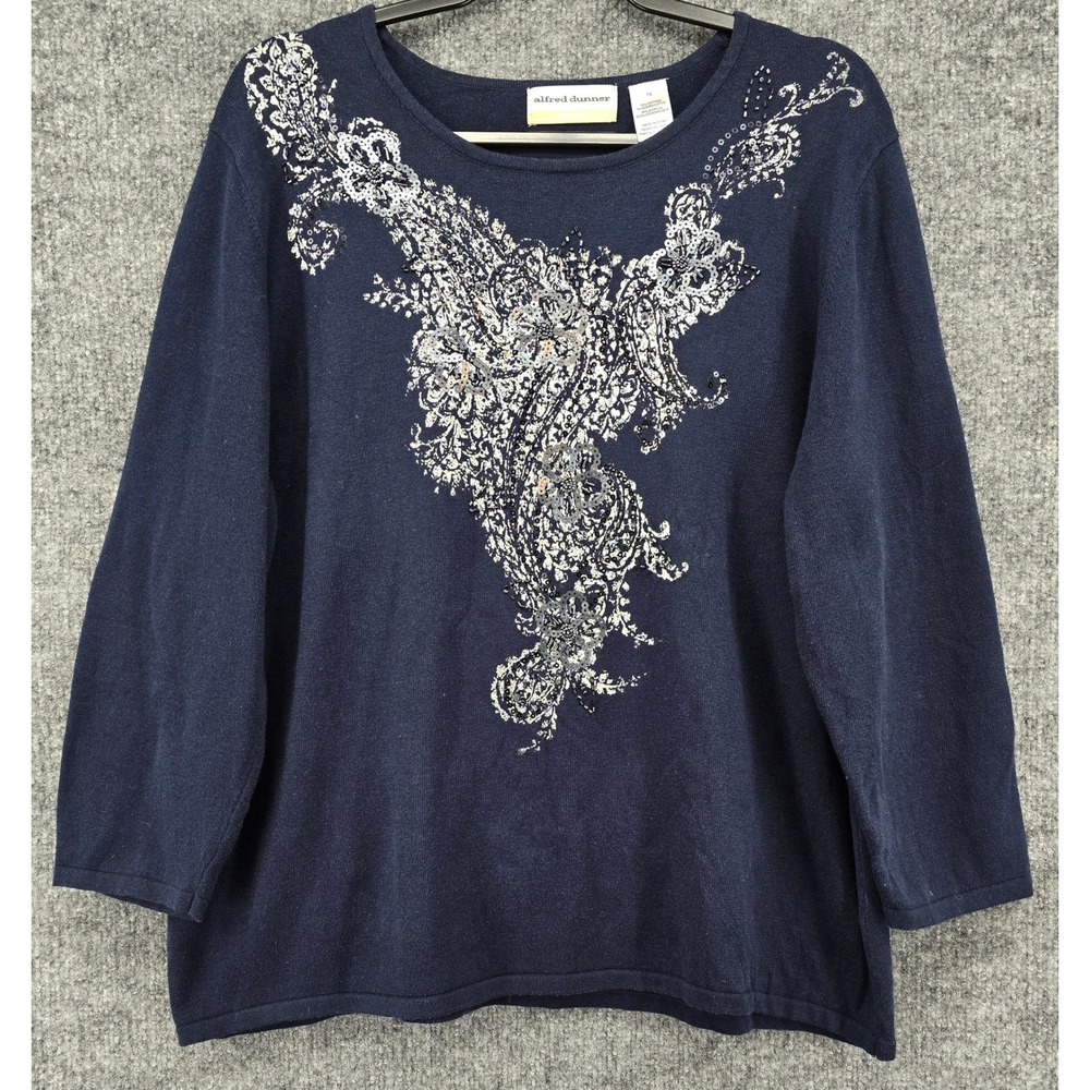 Alfred Dunner Sweater Women 1X Navy Sequin Beaded Floral Paisley 3/4 Sleeve Work